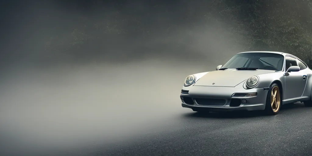 Prompt: parked silver porsche 9 1 1 gt, fog, rain, volumetric lighting, beautiful, golden hour, sharp focus, highly detailed, cgsociety