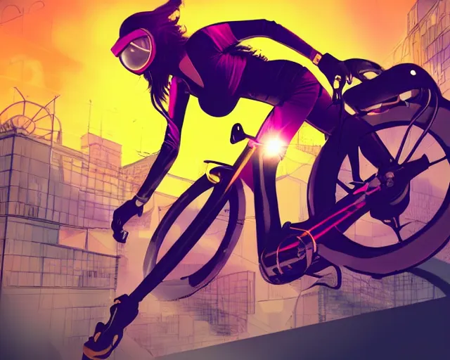 Prompt: intricate illustration of a beautiful woman on a cyberpunk bike doing a jump in front of the sunset, sharp shapes, vibrant colors, risque fashion, action shot, masterpiece