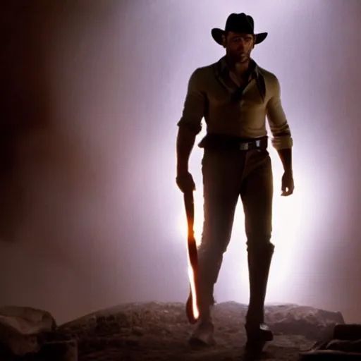 Prompt: still of Henry Cavill as Indiana Jones with a torch in a secret antic room, centred, full body, focused, cinematic light, by Steven Spielberg, eighties movie, 4K, detailed