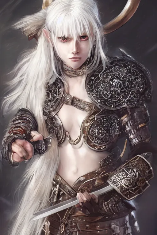 Image similar to A realistic anime portrait of a white haired female barbarian wearing an intricate viking armor, sword wielding, digital painting, by Stanley Artgerm Lau, Sakimichan, WLOP and Rossdraws, digital painting, painterly, Pixiv, Deviantart, golden ratio, rule of thirds, good composition, HD, 8k, award winning, promo art, splash art, rpg, jrpg, dungeons and dragons, DND, trending on ArtStation