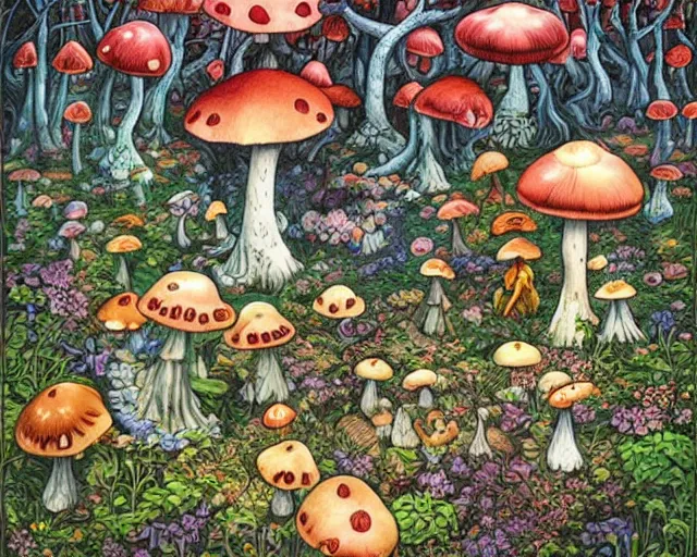 Image similar to a benevolent good fairy versus evil dark fairy fight amongst mushroom forest, whimsical, secret garden, flowers, mushroom forest by Daniel Merriam and Dan Mumford