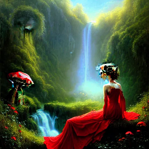 Prompt: an elegant fairy queen in a red lace dress sitting and looking out at a lord of the rings scenery landscape, vast lush valley flowers and giant mushroom structures, waterfall, river, sunrise, god's rays highly detailed, vivid colour, soft clouds, floral sunset, cinematic lighting, perfect composition, gustave dore, derek zabrocki, greg rutkowski, belsinski