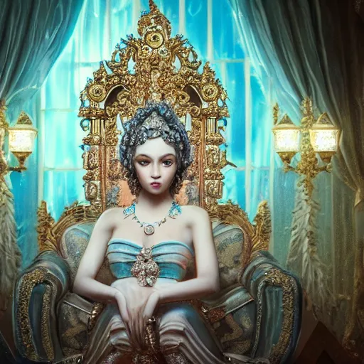 Image similar to portrait of pretty princess with perfect skin, glowing, ornate and intricate diamond jewelry, jaw dropping beauty, ornate and intricate backdrop, white accent lighting, hyper detailed, 4 k octane render