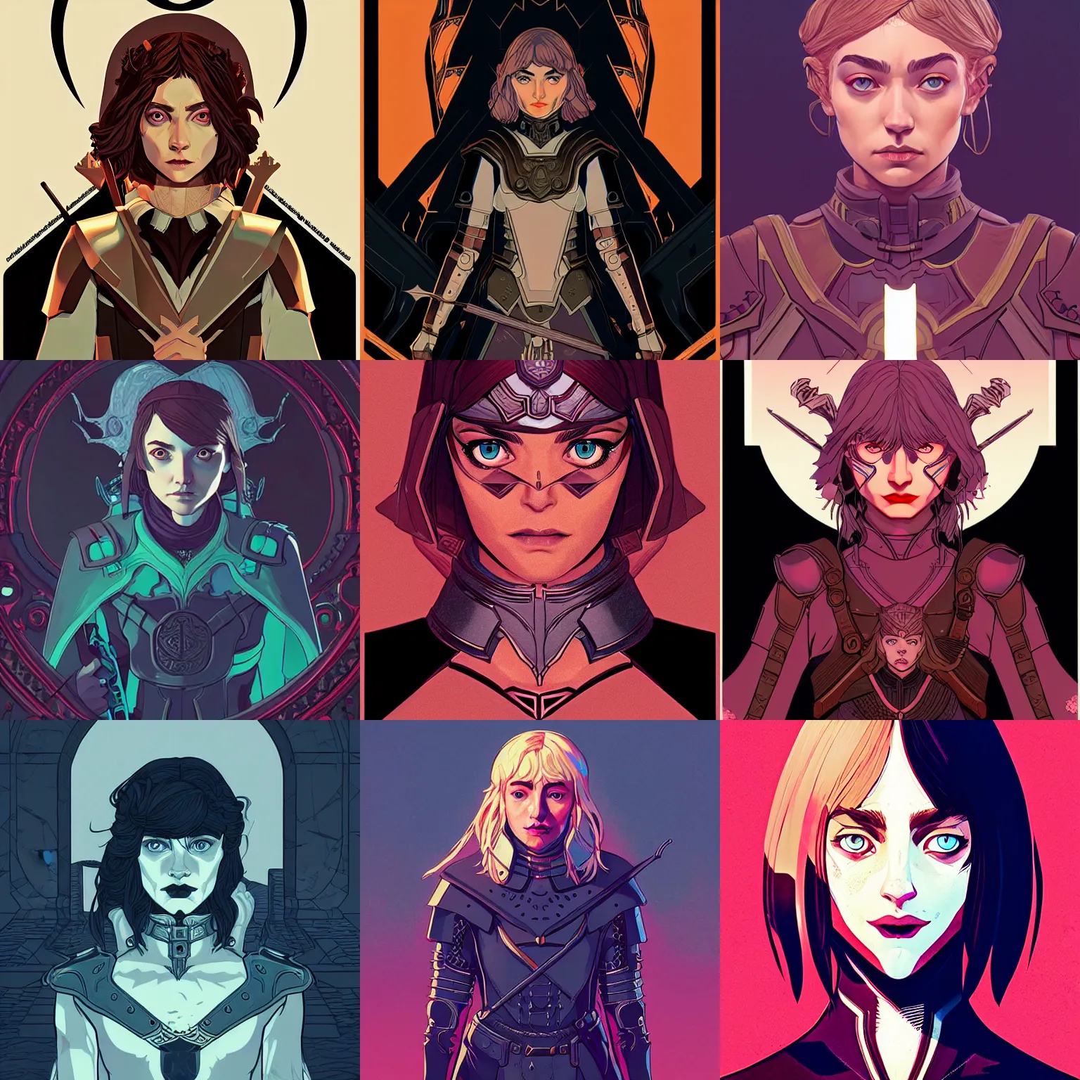 Prompt: front facing symmetrical centered portrait, Imogen Poots as a D&D Paladin, fantasy concept art by Tomer Hanuka, cgsociety, vanitas, ilya kuvshinov, Michael, 2d game art