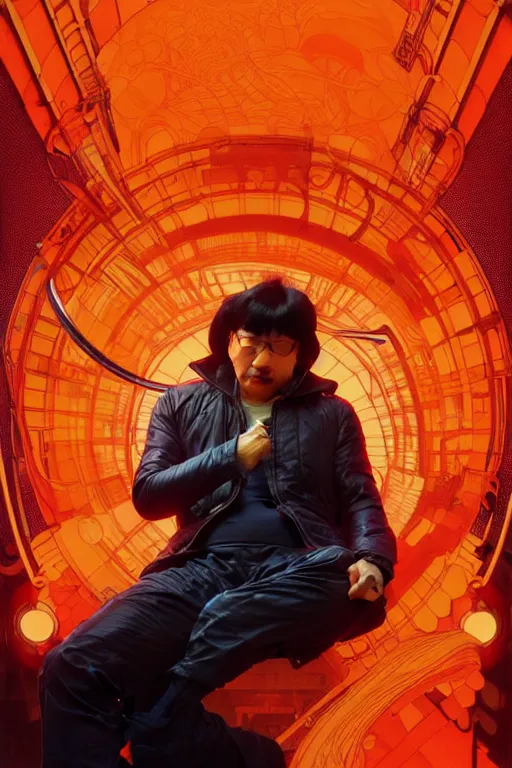 Image similar to a middle aged asian man with short black hair, broad shoulders, thick round spectacles, wearing a bright orange bomber jacket, seductive cyberpunk dark fantasy, art by artgerm and karol bak and moebius and alphonse mucha and greg rutkowski, hyperdetailed, ultrarealistic, octane render