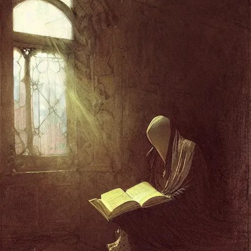 Image similar to half portait of magican wearing a closed cowl holding a big old book!, jeremy mann, jean leon gerome, alphonse mucha, greg rutkowski, hood covers his eyes, chains on his wrist, ( ( ruins of ancient rome ) ), at dusk, mysterious atmosphere, sunrays, dof, masterpiece, high detailed, 8 k