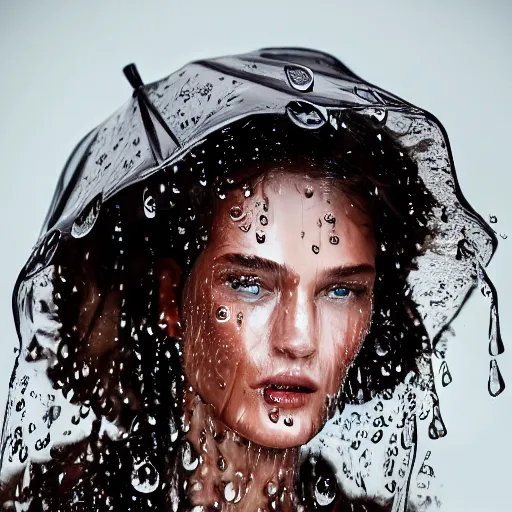 Prompt: close up of face of a wet fashion model in luxury dress, rainy, official valentino editorial, highly detailed