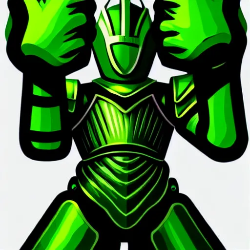 Prompt: a picture of a giant armour green man with his fist up, vector art by mor than, low angle, trending on deviantart, mingei, flat shading, prerendered graphics, marvel comics