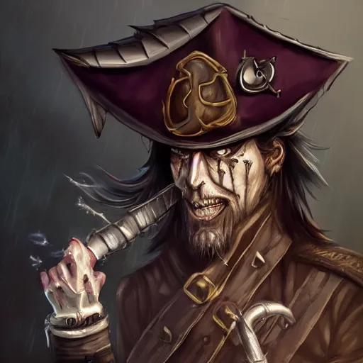 Prompt: Undead pirate captain wielding a sandstone rapier and sandstone dagger, weapons made of sandstone, he wears a hat with an impressive feather and with a brutal scar across his scarred neck, DnD character art portrait, Dark magic, necromancy, dark lighting, flux. High fantasy, digital painting, HD, 4k