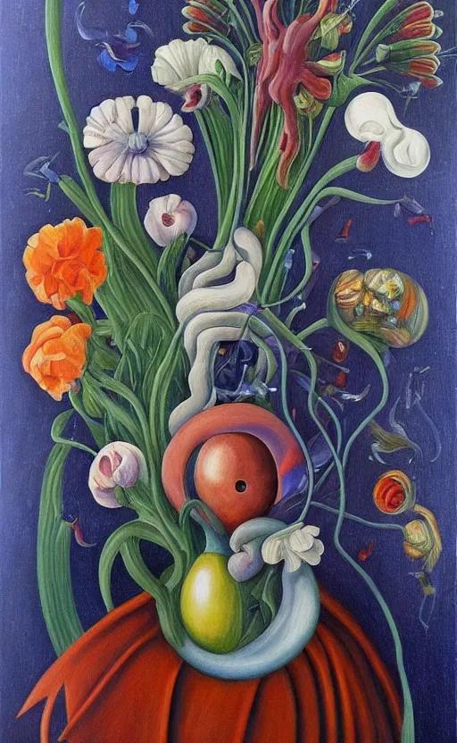 Image similar to a biomorphic painting of a vase with flowers in it, a surrealist painting by Bridget Bate Tichenor, by Georgia O'Keeffe, by Amanda Sage, featured on deviantart, metaphysical painting, oil on canvas, acrylic art, airbrush art