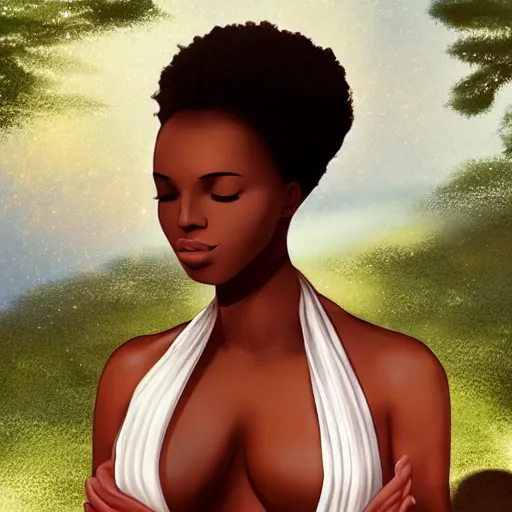 Image similar to a beautiful african woman meditating on a rock, beautiful face, pretty face, trending on artstation, digital art,