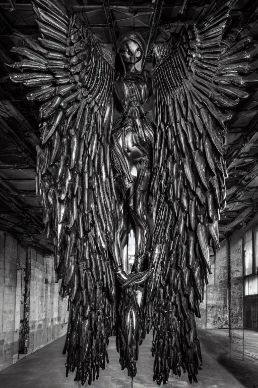 Prompt: ASYMMETRICAL irregular brutalist black-metal winged biblical-angel sculptures made of glossy black liquid latex and industrial hardware, jagged spirals, hanging from ceiling in abandoned basement, designed by hr giger, nancy grossman, anish kapoor, herman nitsch, 8k, hyperrealistic, hyper-detailed, highly textured, gloss finish, dark volumetric lighting