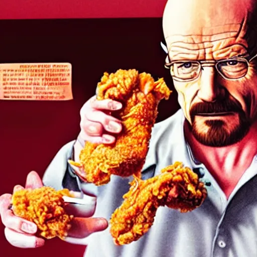 Image similar to Walter White eating fried chicken with pink sauce