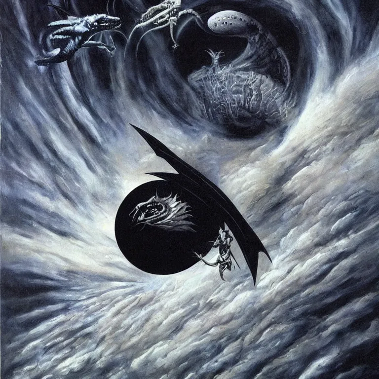 Prompt: painting by h. r. giger, menacing dragon soaring above the clouds, blackhole sun, dark undertones, exodus of the stars