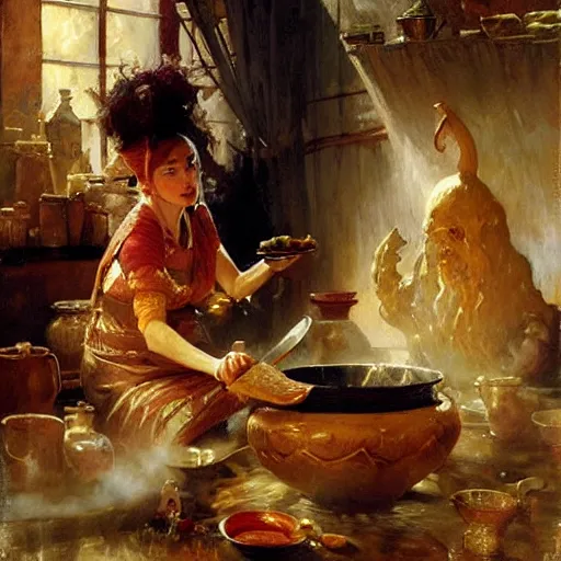 Image similar to stunning female master wizard cooking magical soup with a huge pot, highly detailed painting by gaston bussiere, craig mullins, j. c. leyendecker, 8 k