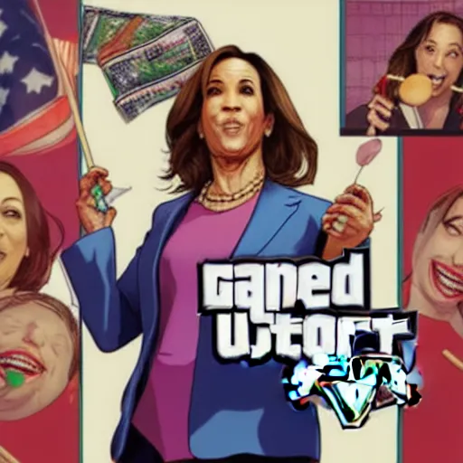 Image similar to gta 5 cover art of kamala harris eating a lolli - pop