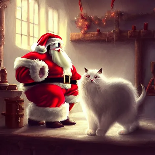 Prompt: buff muscular santa claus kissing a white fluffy cat in his workshop. dimly lit. dark. 4 k rtx hdr volume light concept studio matte painting environement digital illustration style artstation artur tarnowski, mihai muscan, marcin tomalak, marta leydy,