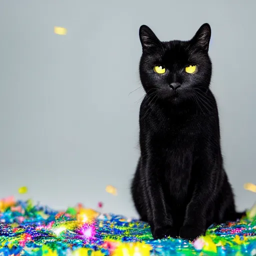 Prompt: a high - quality photo of a black cat sprinkled with ( ( rainbow ) ) glitter, highly detailed, photorealistic, f 2. 8, in - frame, sharpened, sparkly