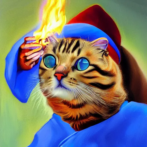 Prompt: An oil painting portrait of a cat wizard wearing blue robes casting a fire spell, digital art