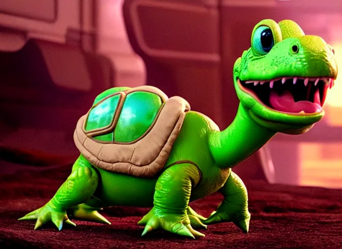 Image similar to film still of yoshi in the new sci - fi movie, cute upright dinosaur with a small turtle shell and long tongue, 8 k