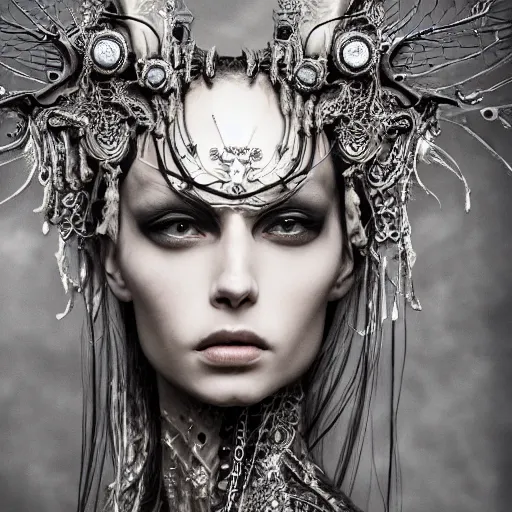 Image similar to a female model by stefan geselle and nekro borja, photorealistic, biomechanical, intricate details, hyper realistic, ornate headpiece, dark beauty, photorealistic, canon r 3, photography, wide shot, photography, dark beauty, symmetrical features