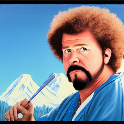 Image similar to a closeup photorealistic photograph of bob ross painting an image of kenny powers pitching a baseball on a canvas. mountains and trees. film still. brightly lit scene. this 4 k hd image is trending on artstation, featured on behance, well - rendered, extra crisp, features intricate detail, epic composition and the style of unreal engine.