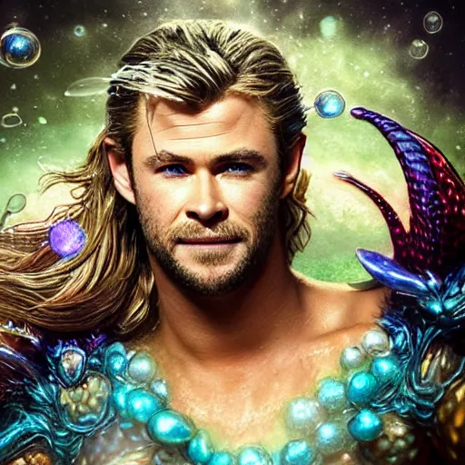 Image similar to chris hemsworth portrait, fantasy, mermaid, hyperrealistic, game character, underwater, highly detailed, cinematic lighting, pearls, glowing hair, shells, gills, crown, water, highlights, starfish, jewelry, realistic, digital art, pastel, magic, fiction, ocean, king, colorful hair, sparkly eyes, fish, heroic, god, waves, bubbles ”