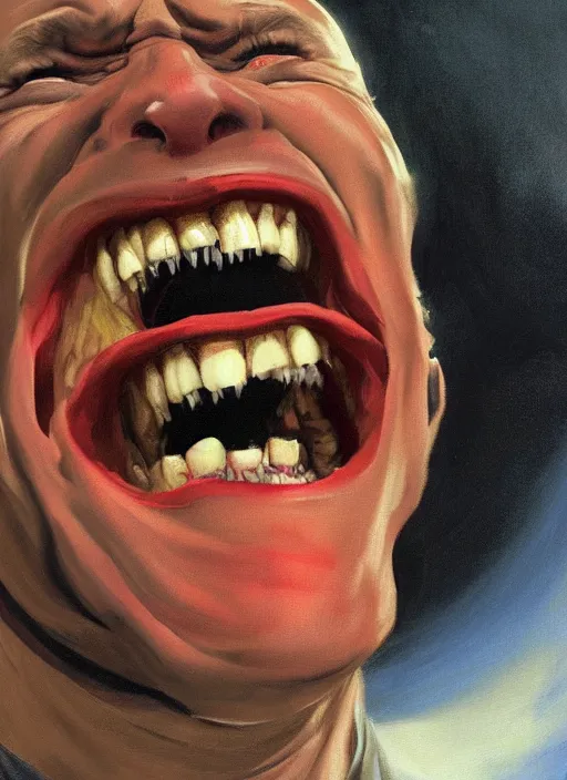 Image similar to joe biden mouth open, teeth and uvula!!!!!!!!! showing, drool, laugh fear!!!!!! scary, painting by phil hale, fransico goya,'action lines '!!!, graphic style, visible brushstrokes, motion blur, blurry, visible paint texture, crisp hd image