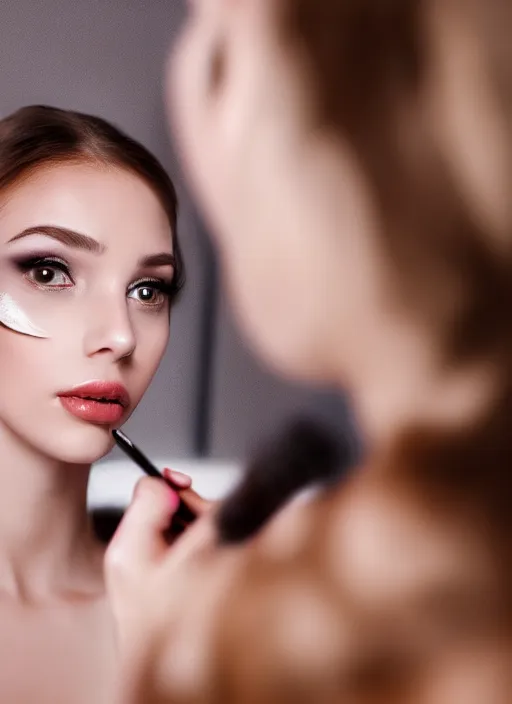 Prompt: a beautiful detailed photo of a girl in the mirror doing make - up, realistic, f 8, 4 k hd wallpaper