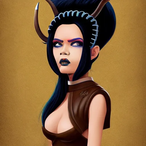 Image similar to illustrated portrait of ram-horned devil woman with blue bob hairstyle and tanned #FFA500 colored skin and with solid black eyes wearing leather by rossdraws