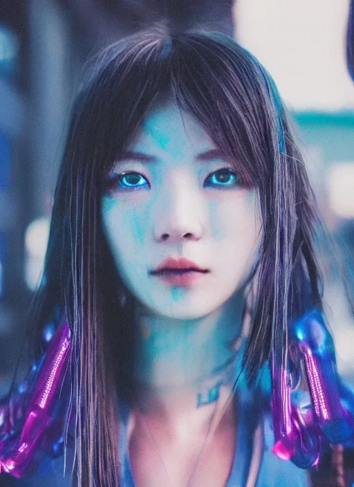 Prompt: a close-up risograph long shot of cyberpunk japanese model girl with black eyes and pretty face wearing lots of transparent and cellophane accessories, blue hour, twilight, cool, portrait, Kodachrome, ISO1200,