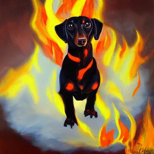 Prompt: fire elemental dachshund, oil painting