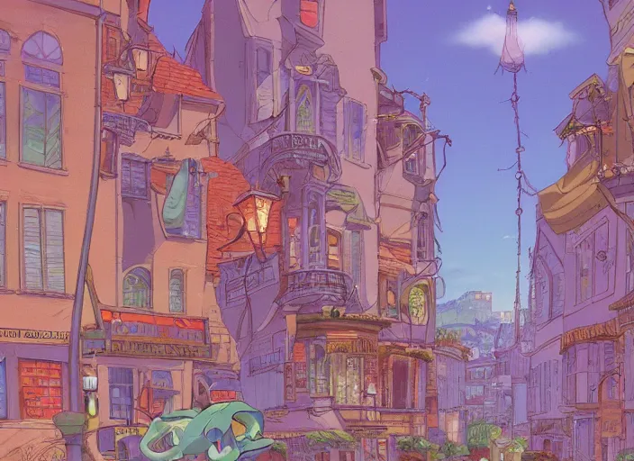 Prompt: now we creep through streets every night, through the windows, leaning out the sides, animated by don bluth, 8 k scan, vivid color