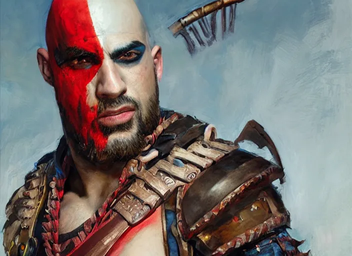 Prompt: a highly detailed beautiful portrait of bad bunny as kratos, by gregory manchess, james gurney, james jean