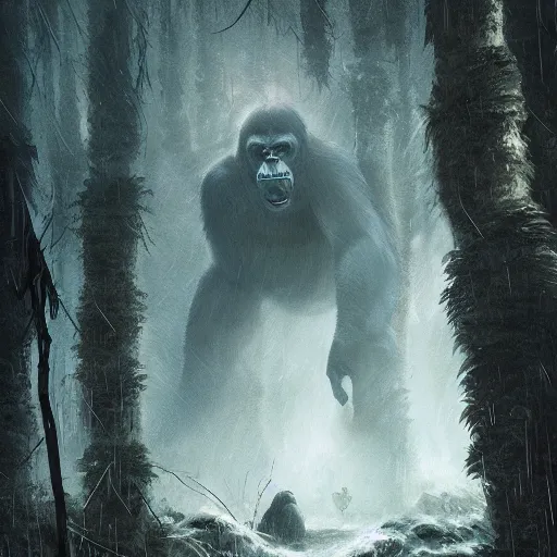 Image similar to King Kong in the forest in the storm, fantasy art, in the style of greg rutkowski, illustration, epic, fantasy, intricate, hyper detailed, artstation, concept art, smooth, sharp focus, ray tracing