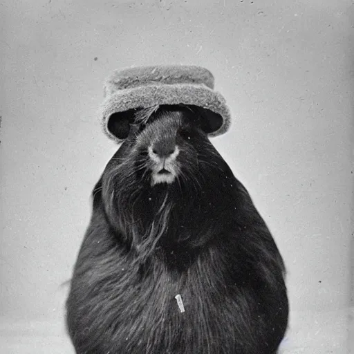 Prompt: a guinea pig dressed as a polar explorer, 1 8 0 0 s photograph