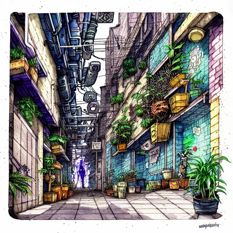 Image similar to an absurdly-detailed cyberpunk alleyway watercolor-calligraphy-pen drawing as a fancy square tile. Cats and Robots and Potted-Plants.