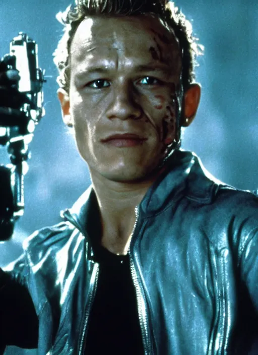 Image similar to film still of Heath Ledger as The Terminator in The Terminator, 4k