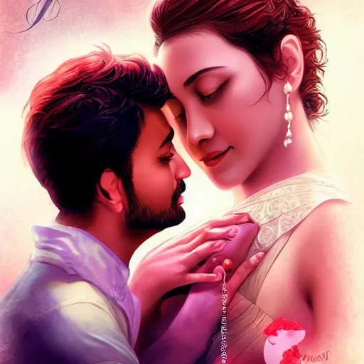 Prompt: promotional movie poster for a romantic love story with assamese actor actress lovers with one heart, art by charlie bowater and mark brooks