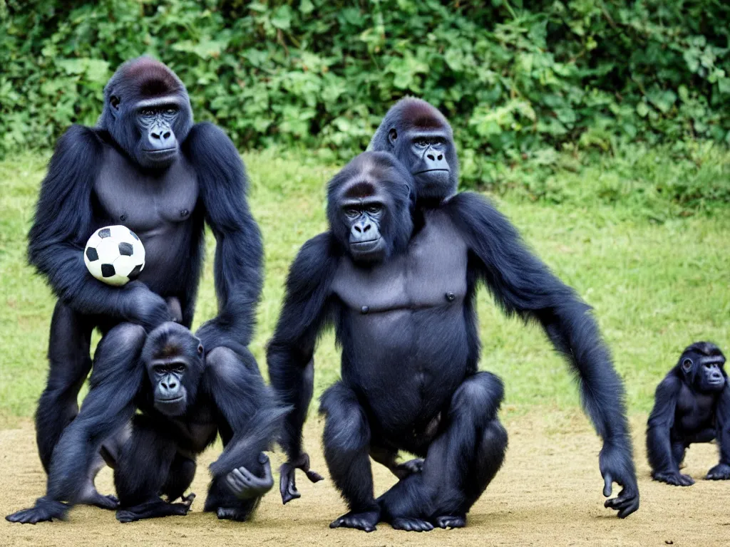 Image similar to gorillas playing soccer, vivid