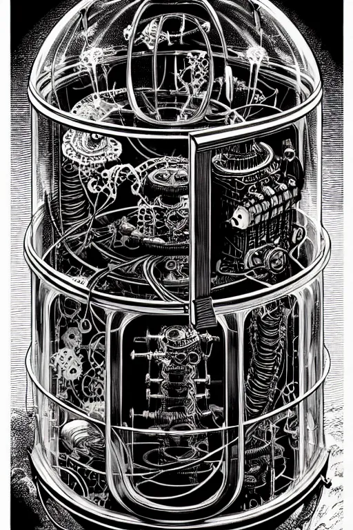 Image similar to steampunk cryo chamber containing an caterpillar, high details, intricately detailed, by vincent di fate, inking, 3 color screen print, masterpiece, trending on artstation,, sharp, details, hyper - detailed, hd, 4 k, 8 k