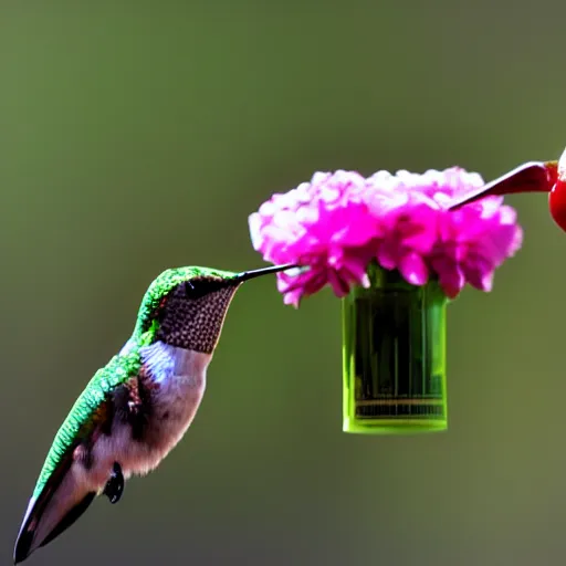 Image similar to photograph, a hummingbird drinking a milkshake from a straw, cherry on top