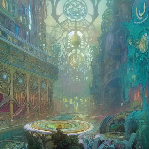Prompt: a beautiful stunning fantasy whimsical matte digital painting of the cityscape of the underwater city of Atlantis, art nouveau, vibrant pastel color palette, by Alphonse Mucha and Tyler Edlin, trending on artstation hq