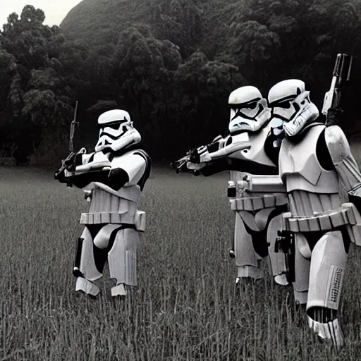 Prompt: star wars clone troopers offer aid to soldiers in vietnam, photo, old picture, lush landscape, field, firearms, war, bombs, explosions, x - wings, tie fighters, aerial combat, active battle zone, in trenches, star wars droid battle, jedi master, land mines, gunfire, grenades, violence