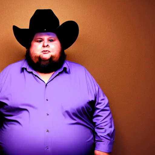 Image similar to morbidly obese 2000kilo snake oil salesman wearing authentic purple green sip tech cowboy augmentation standing in front of blank background