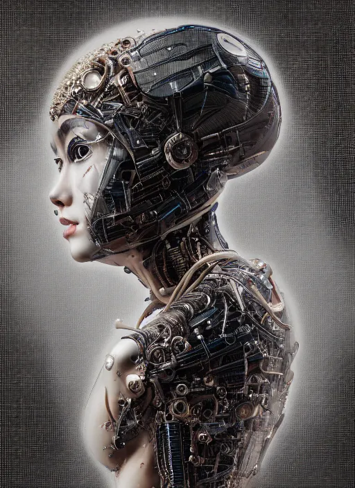 Image similar to portrait of a futuristic geisha cyborg, made from million point clouds, in the style of ghost in the shell, kintsugi, modern fine art, fractal, intricate, elegant, highly detailed, digital photography, subsurface scattering, by jheronimus bosch and he giger and greg rutkowski,