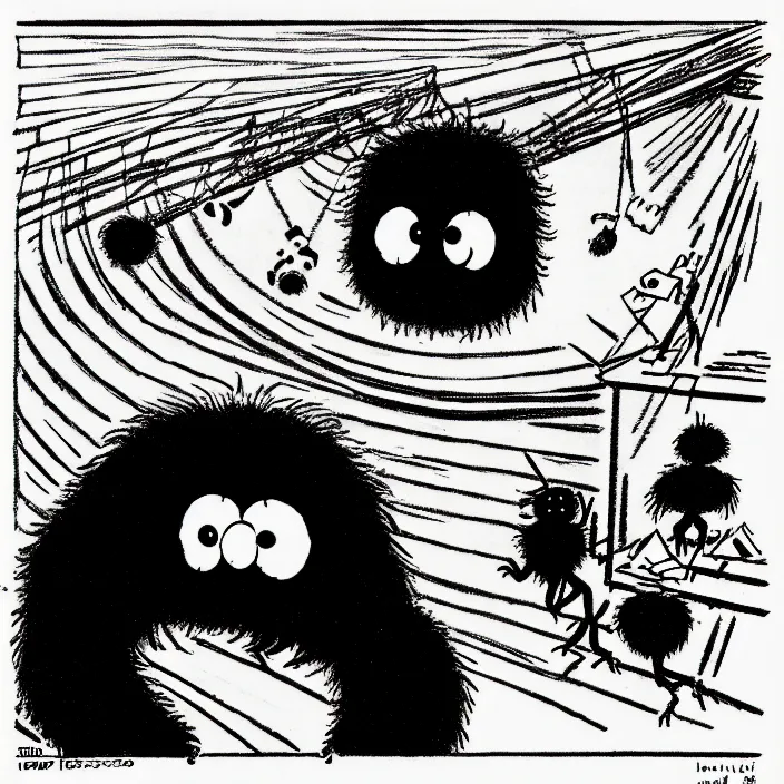 Prompt: a still frame from comic strip, black fluffy hairy furry spider on a clean background 1 9 5 0, herluf bidstrup, new yorker illustration, monochrome contrast bw, lineart, manga, tadanori yokoo, simplified,