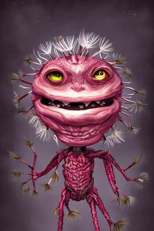 Image similar to a humanoid figure dandelion raspberry monster, large eyes and menacing smile, highly detailed, digital art, sharp focus, trending on art station, anime art style