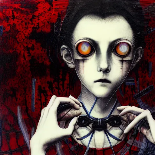 Image similar to yoshitaka amano blurred and dreamy realistic three quarter angle horror portrait of a sinister young woman with short hair, horns and red eyes wearing office suit with tie, junji ito abstract patterns in the background, satoshi kon anime, noisy film grain effect, highly detailed, renaissance oil painting, weird portrait angle, blurred lost edges