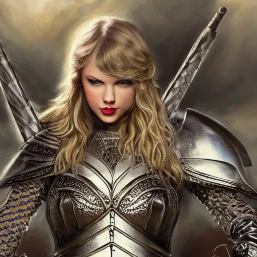 Image similar to the picture of taylor swift in a knight armor, epic fantasy art, mystical, mystic atmosphere, mythology, photo realistic, high detail, ultra realistic, hyper realistic, high definiton, 4 k uhd,